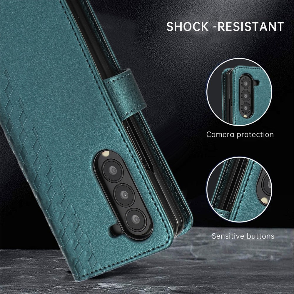 For Samsung Galaxy Z Fold7 5G Case 3D Rhombus Grid Imprinted Wallet Leather Phone Cover with Lanyard - Green