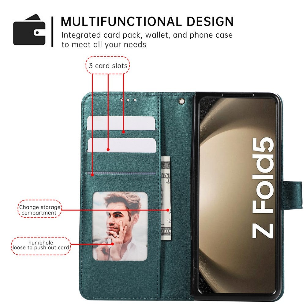 For Samsung Galaxy Z Fold7 5G Case 3D Rhombus Grid Imprinted Wallet Leather Phone Cover with Lanyard - Green