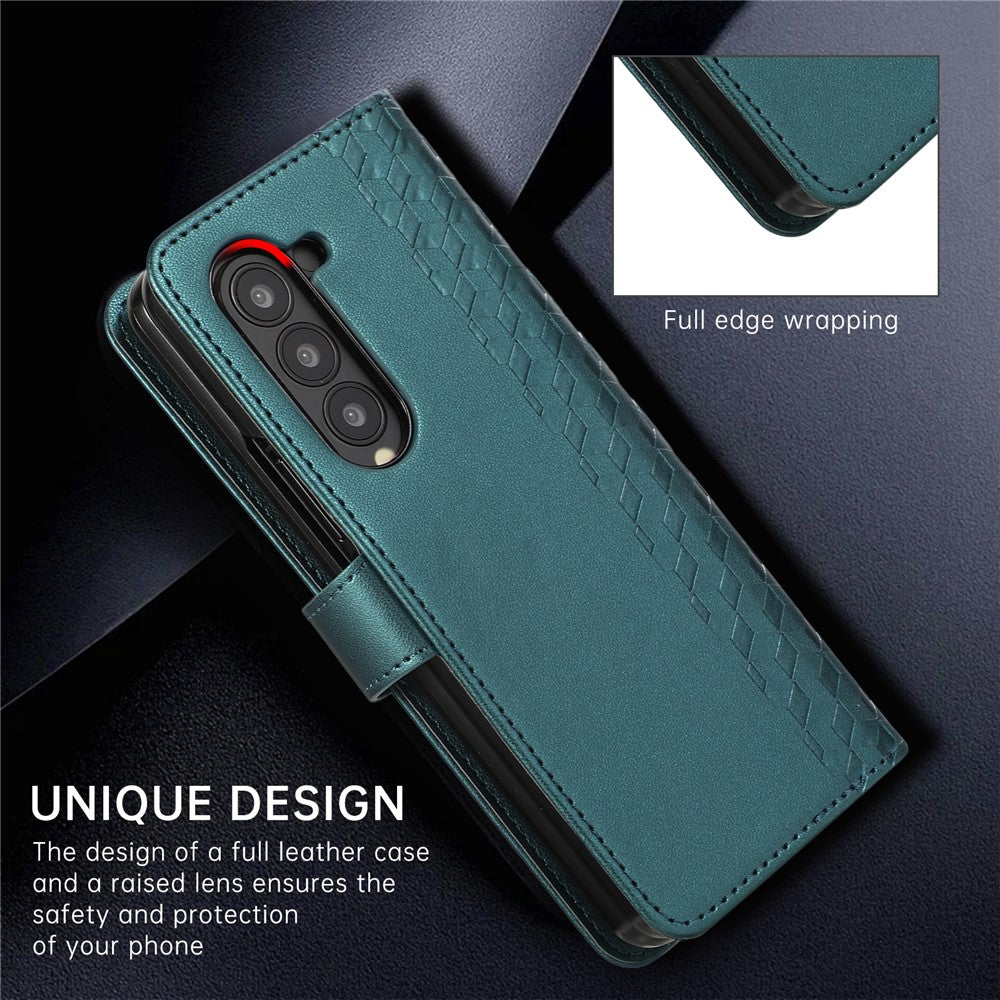 For Samsung Galaxy Z Fold7 5G Case 3D Rhombus Grid Imprinted Wallet Leather Phone Cover with Lanyard - Green