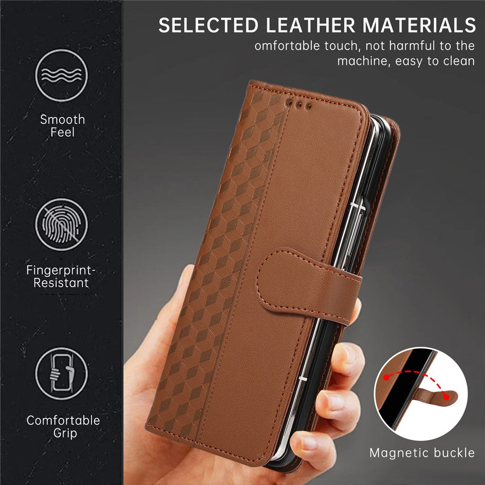 For Samsung Galaxy Z Fold7 5G Case 3D Rhombus Grid Imprinted Wallet Leather Phone Cover with Lanyard - Brown