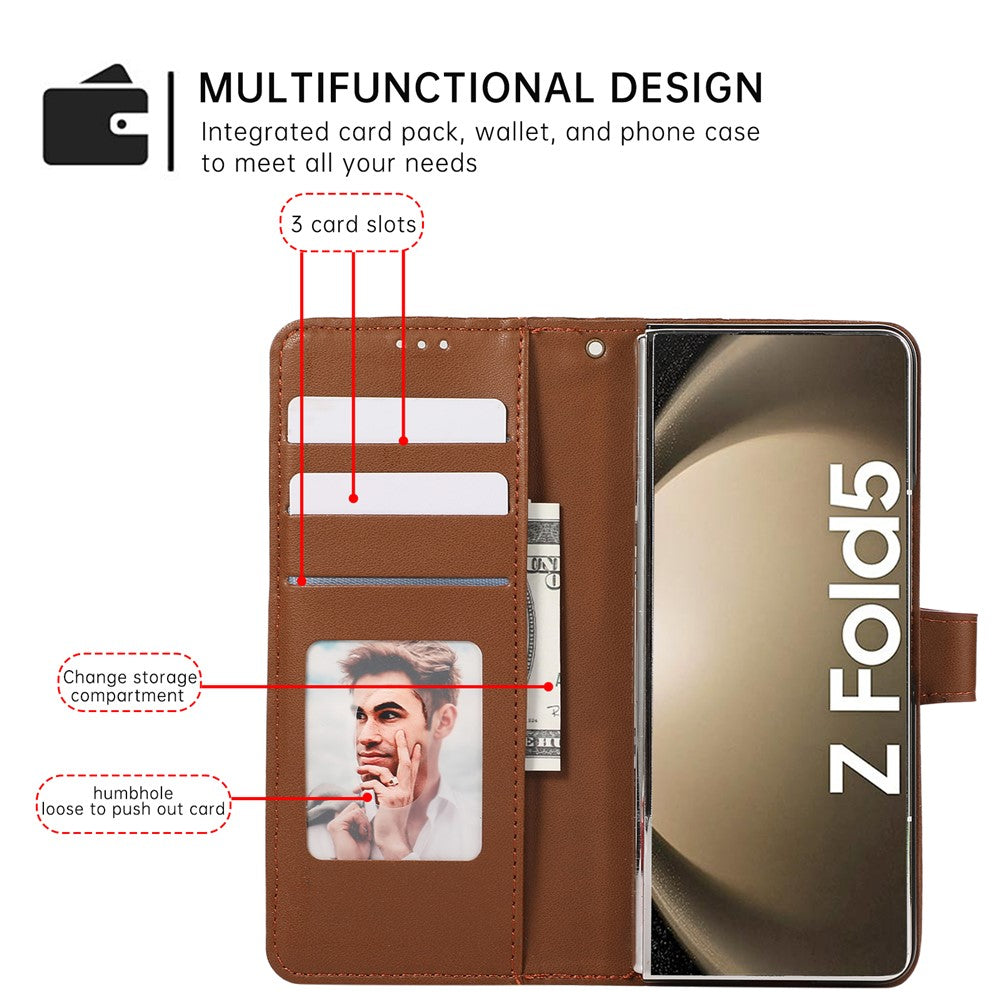 For Samsung Galaxy Z Fold7 5G Case 3D Rhombus Grid Imprinted Wallet Leather Phone Cover with Lanyard - Brown