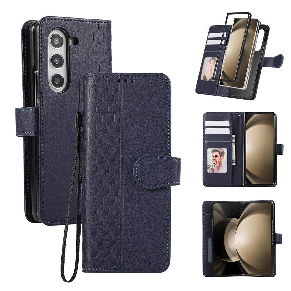 For Samsung Galaxy Z Fold7 5G Case 3D Rhombus Grid Imprinted Wallet Leather Phone Cover with Lanyard - Blue