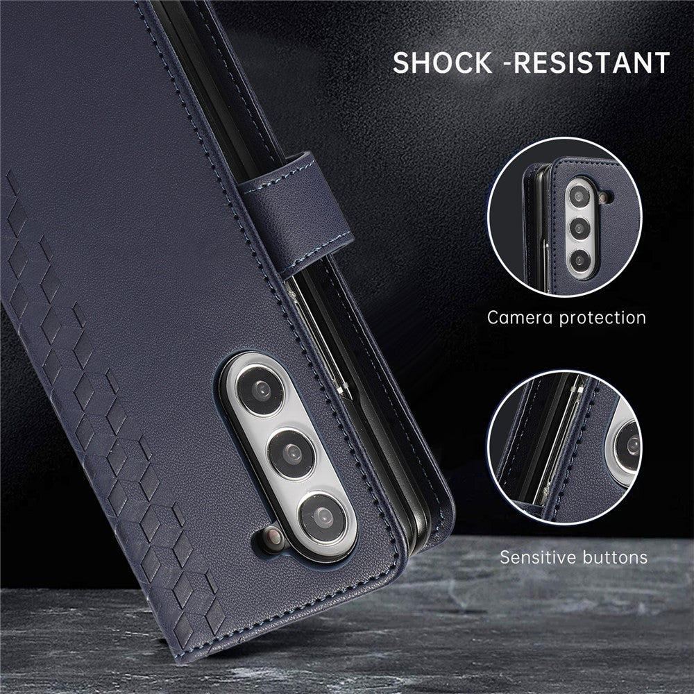 For Samsung Galaxy Z Fold7 5G Case 3D Rhombus Grid Imprinted Wallet Leather Phone Cover with Lanyard - Blue