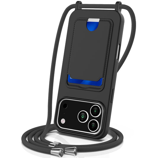 For iPhone 17 Pro Max Case Liquid Silicone Card Holder Back Phone Cover with Lanyard - Black