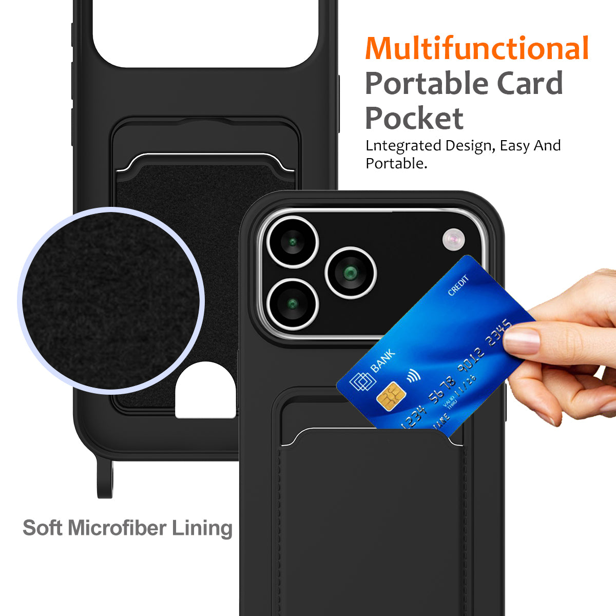 For iPhone 17 Pro Max Case Liquid Silicone Card Holder Back Phone Cover with Lanyard - Black