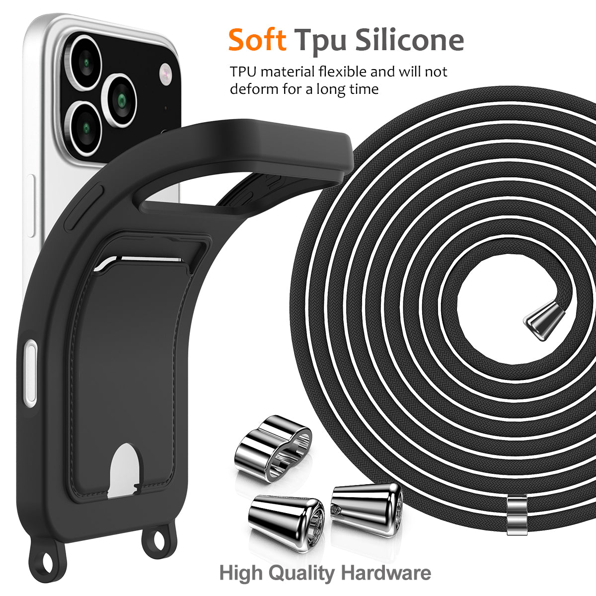 For iPhone 17 Pro Max Case Liquid Silicone Card Holder Back Phone Cover with Lanyard - Black