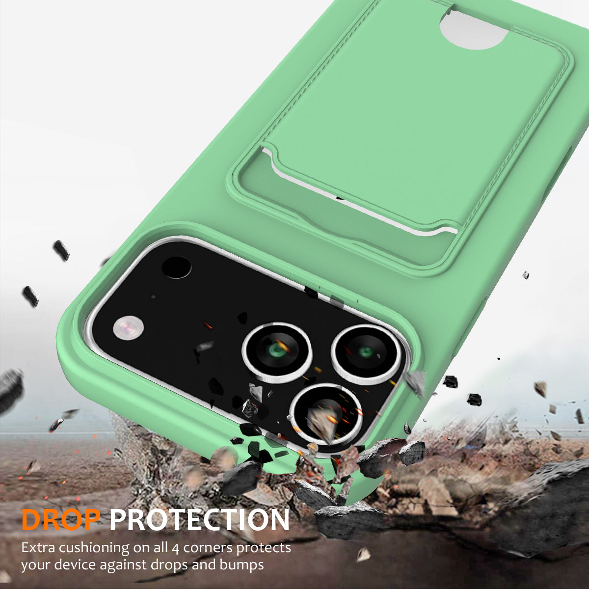 For iPhone 17 Pro Max Case Liquid Silicone Card Holder Back Phone Cover with Lanyard - Green