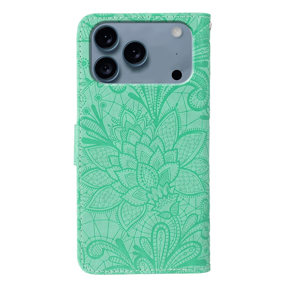 For iPhone 17 Pro Max Case Lace Flowers PU Leather Flip Wallet Phone Cover - Green
