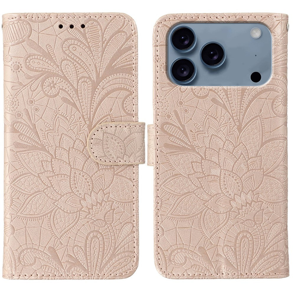 For iPhone 17 Pro Max Case Lace Flowers PU Leather Flip Wallet Phone Cover - Rose Gold