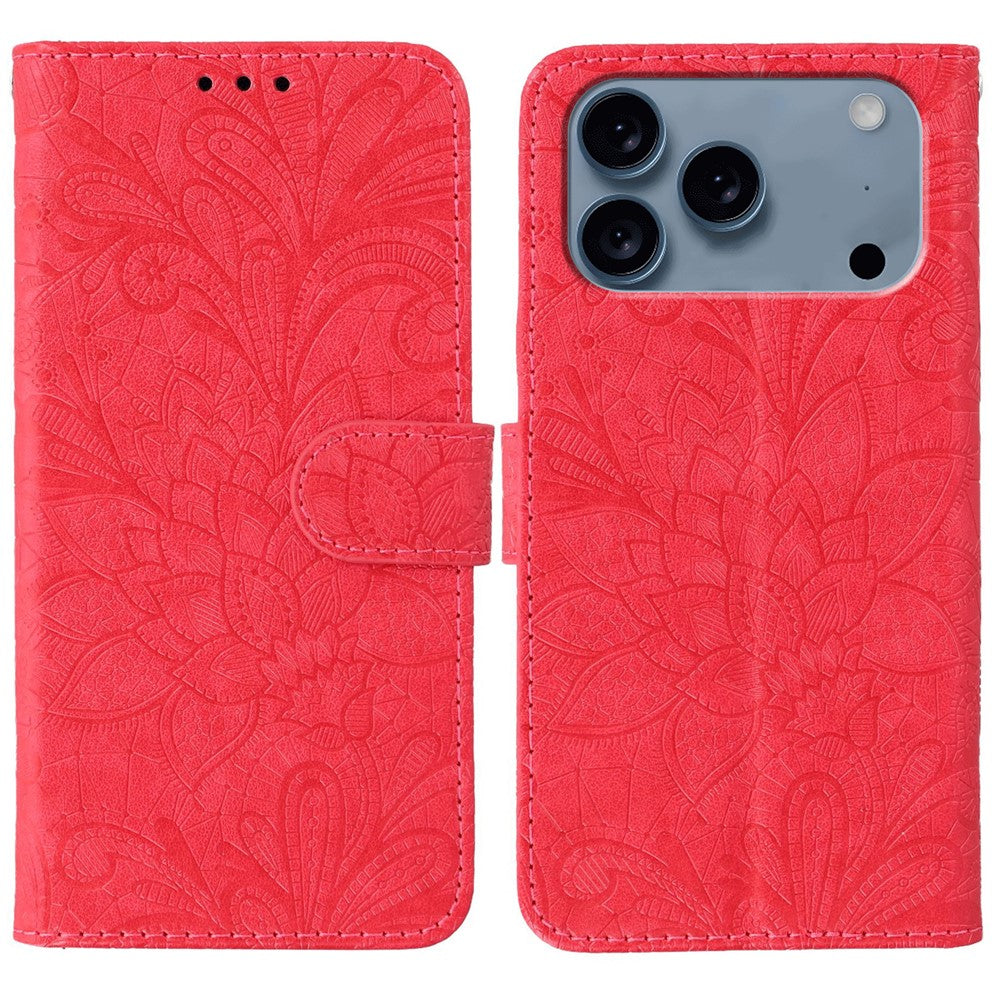 For iPhone 17 Pro Max Case Lace Flowers PU Leather Flip Wallet Phone Cover - Red