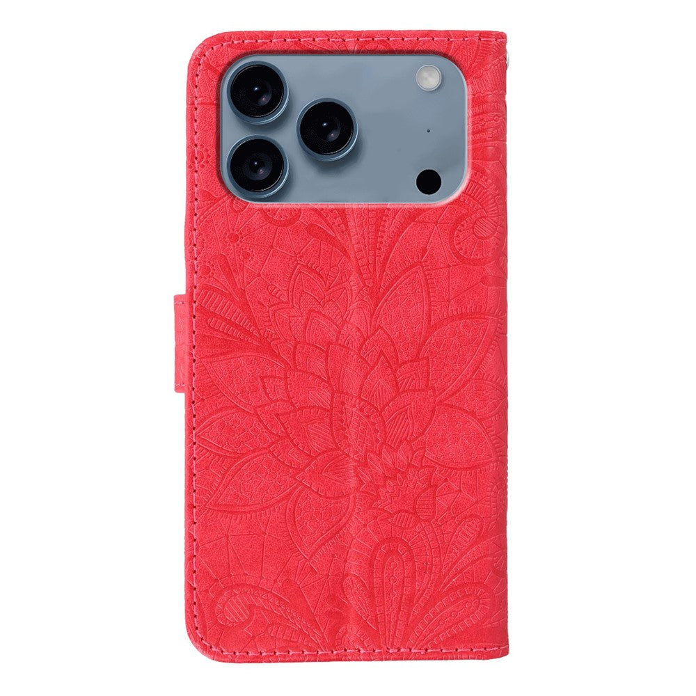 For iPhone 17 Pro Max Case Lace Flowers PU Leather Flip Wallet Phone Cover - Red