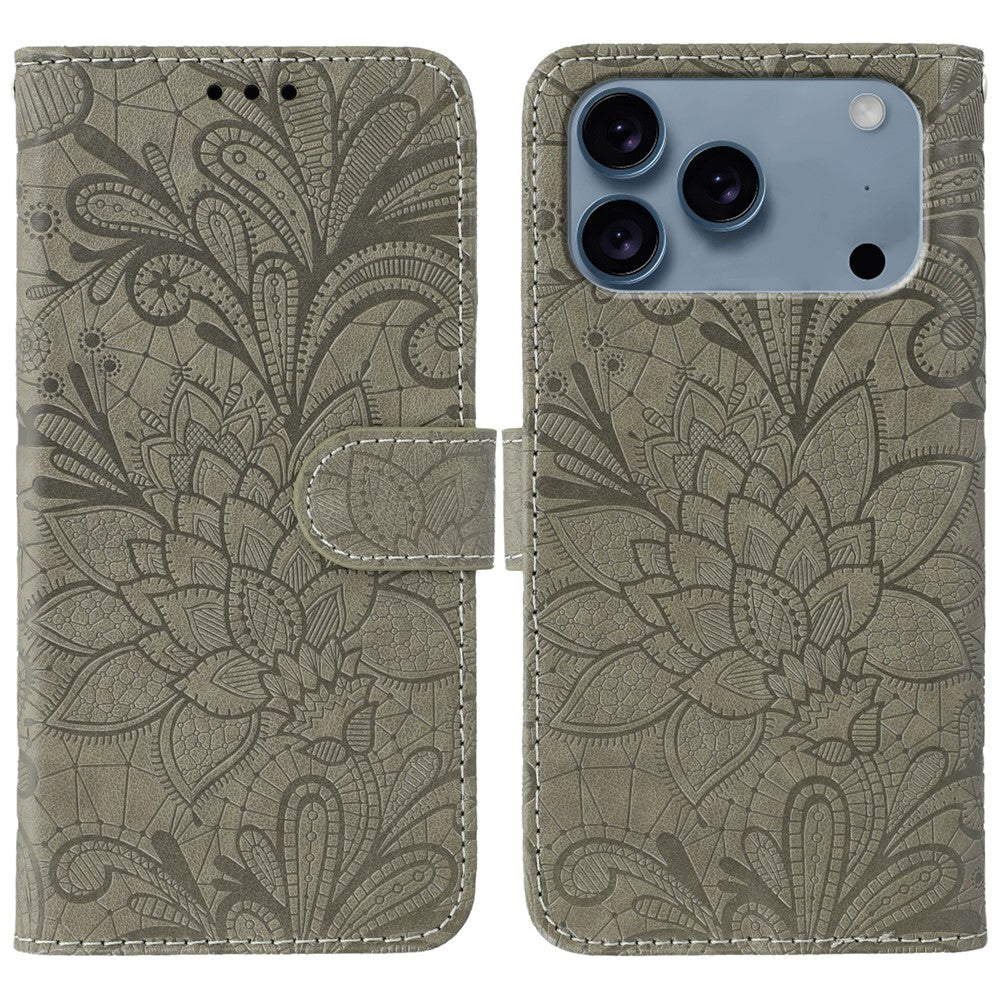 For iPhone 17 Pro Max Case Lace Flowers PU Leather Flip Wallet Phone Cover - Grey