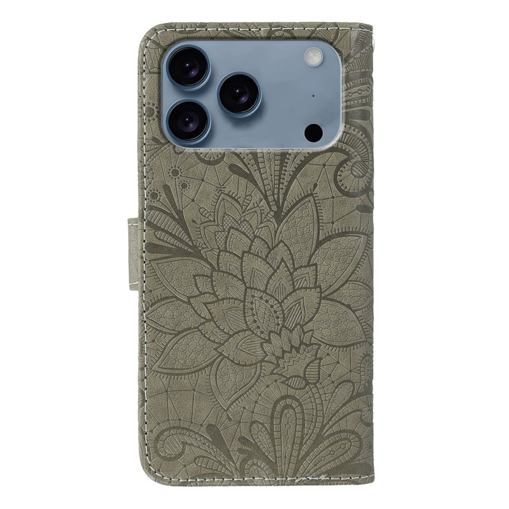 For iPhone 17 Pro Max Case Lace Flowers PU Leather Flip Wallet Phone Cover - Grey