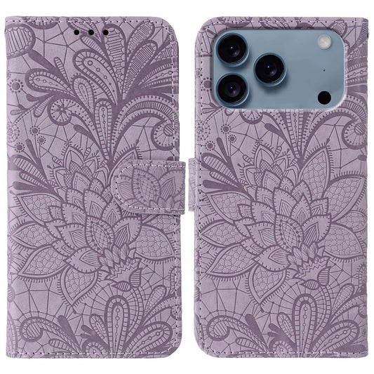 For iPhone 17 Pro Max Case Lace Flowers PU Leather Flip Wallet Phone Cover - Purple