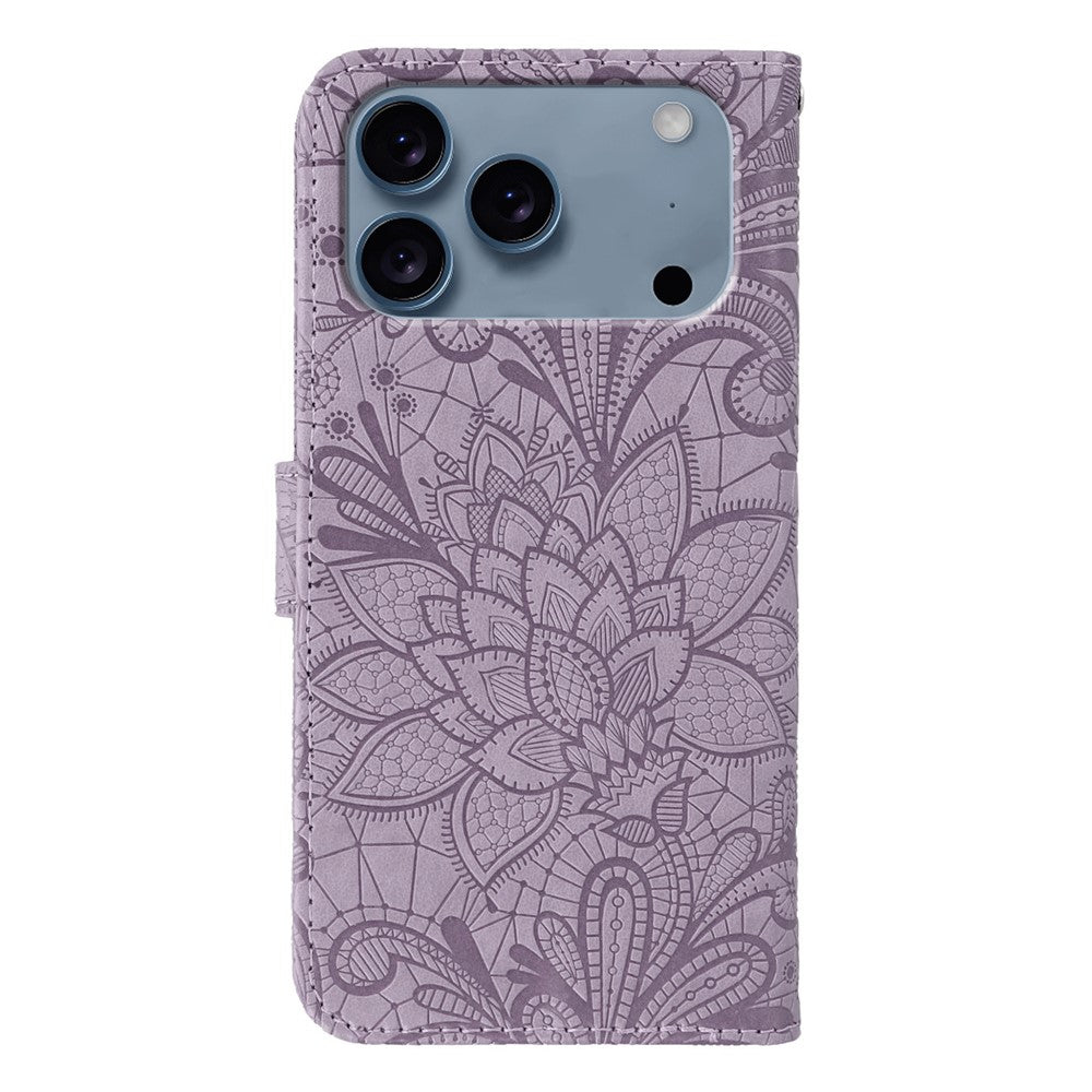 For iPhone 17 Pro Max Case Lace Flowers PU Leather Flip Wallet Phone Cover - Purple