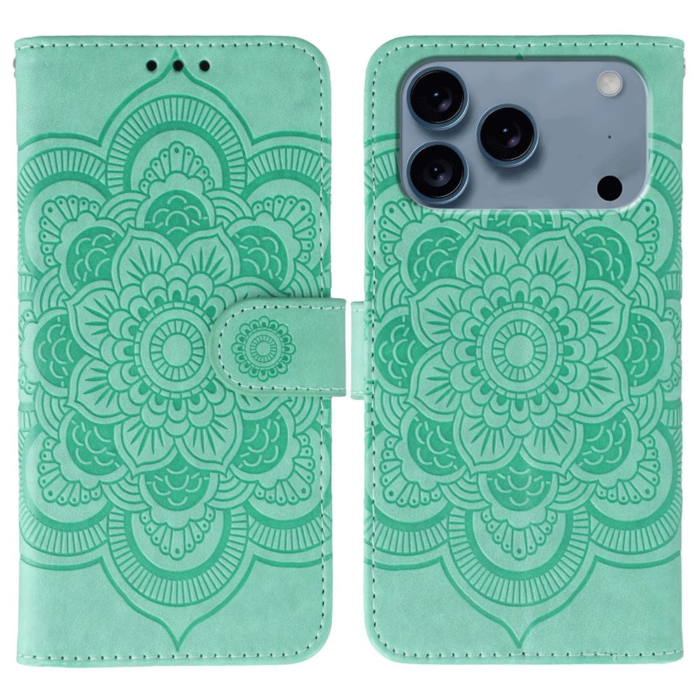 For iPhone 17 Pro Max Case PU Leather Mandala Imprinted Design Wallet Phone Cover with Wrist Strap - Green