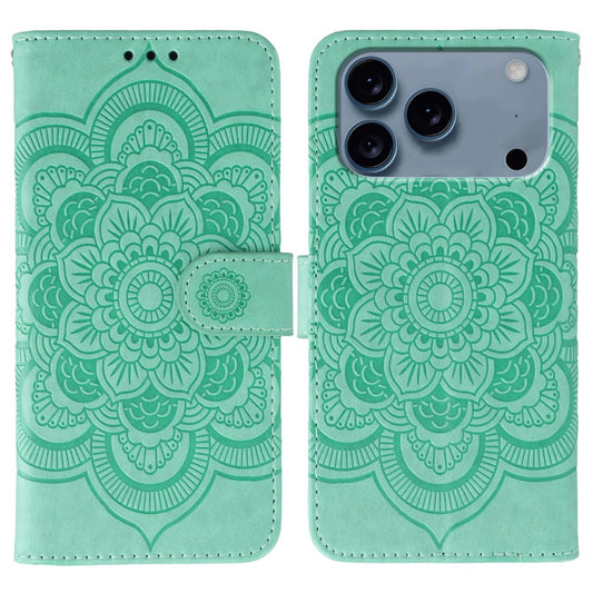 For iPhone 17 Pro Max Case PU Leather Mandala Imprinted Design Wallet Phone Cover with Wrist Strap - Green