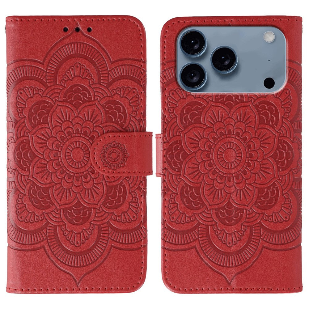 For iPhone 17 Pro Max Case PU Leather Mandala Imprinted Design Wallet Phone Cover with Wrist Strap - Red
