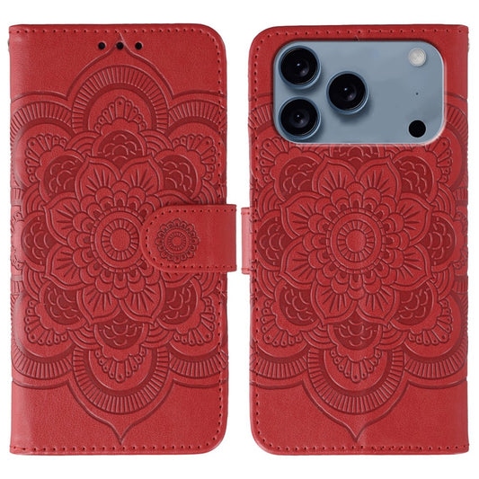 For iPhone 17 Pro Max Case PU Leather Mandala Imprinted Design Wallet Phone Cover with Wrist Strap - Red