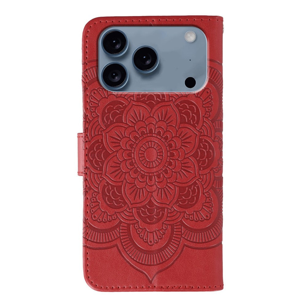 For iPhone 17 Pro Max Case PU Leather Mandala Imprinted Design Wallet Phone Cover with Wrist Strap - Red