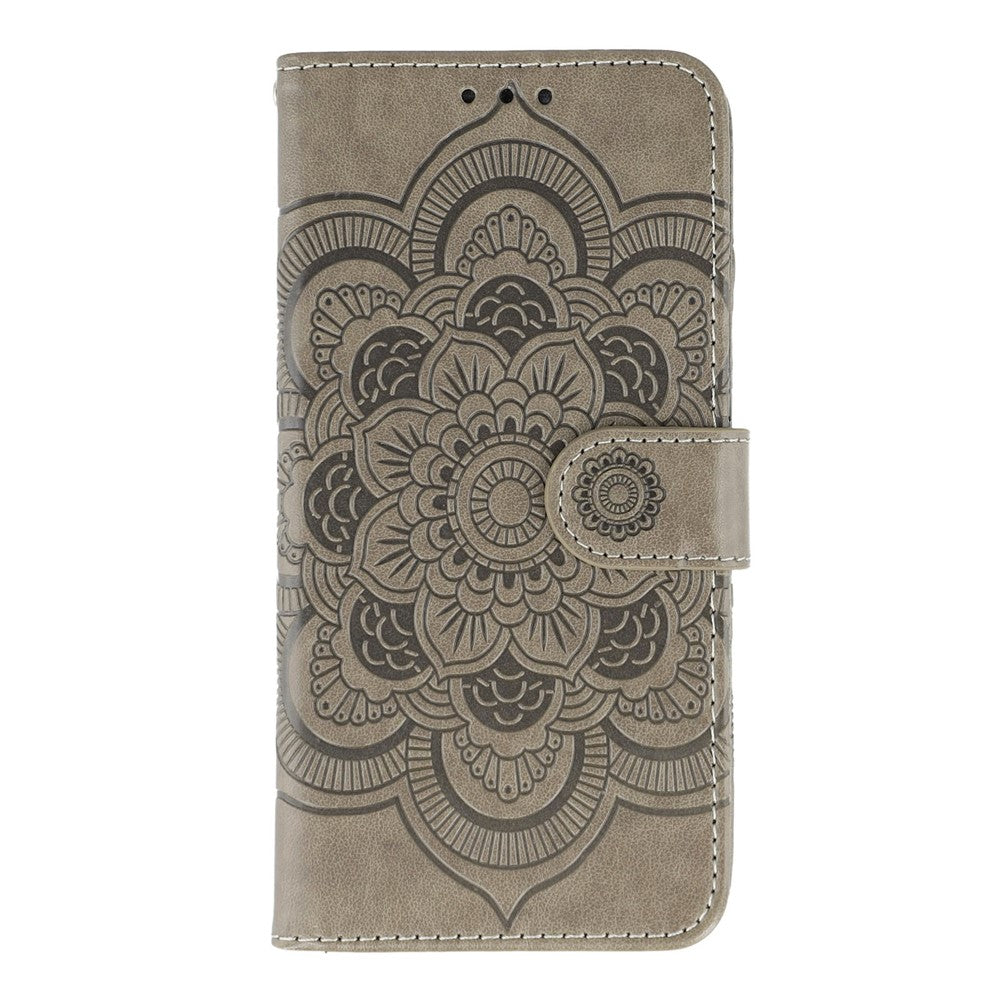 For iPhone 17 Pro Max Case PU Leather Mandala Imprinted Design Wallet Phone Cover with Wrist Strap - Grey