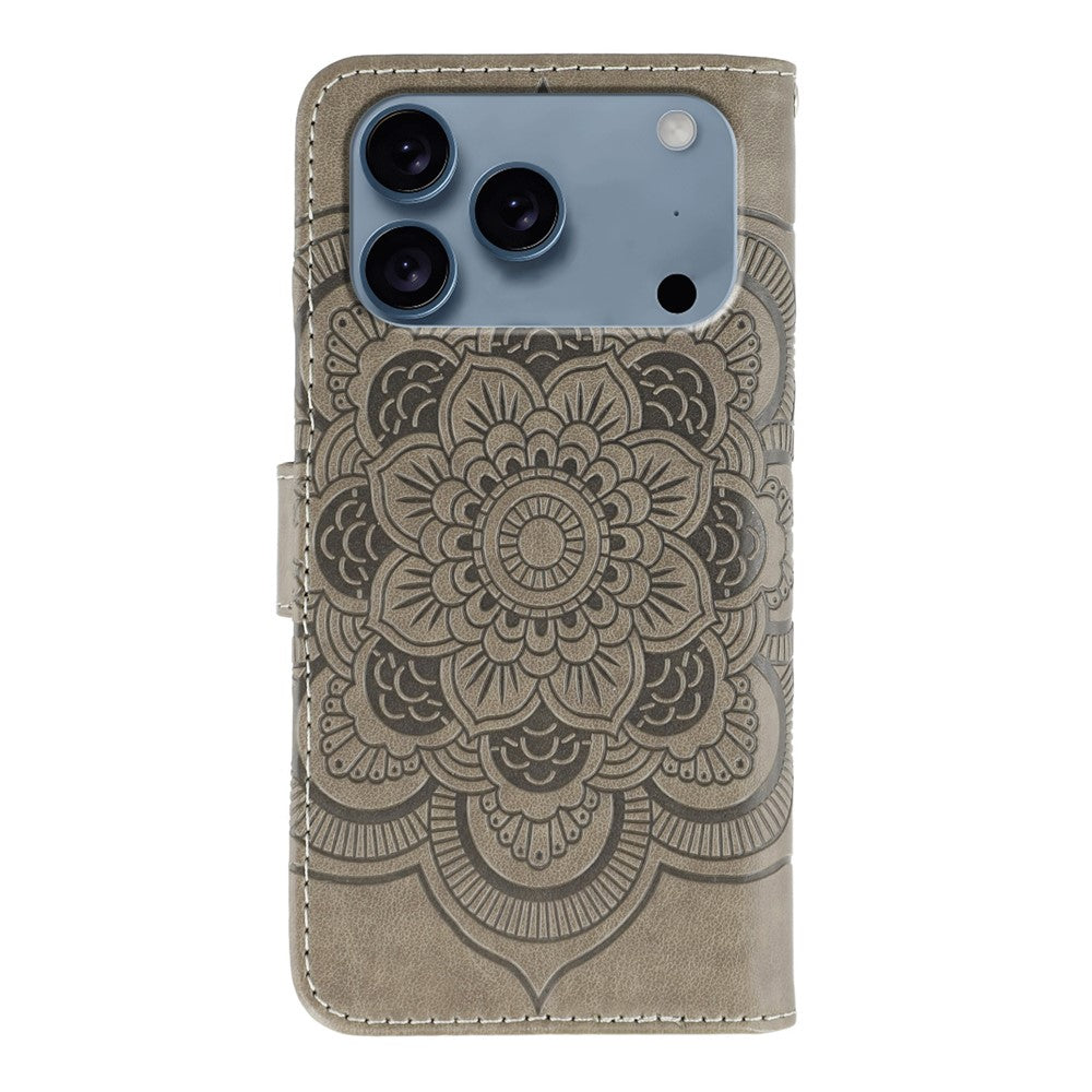 For iPhone 17 Pro Max Case PU Leather Mandala Imprinted Design Wallet Phone Cover with Wrist Strap - Grey