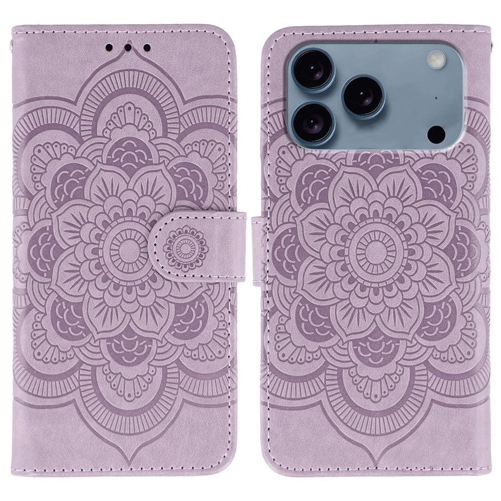 For iPhone 17 Pro Max Case PU Leather Mandala Imprinted Design Wallet Phone Cover with Wrist Strap - Purple