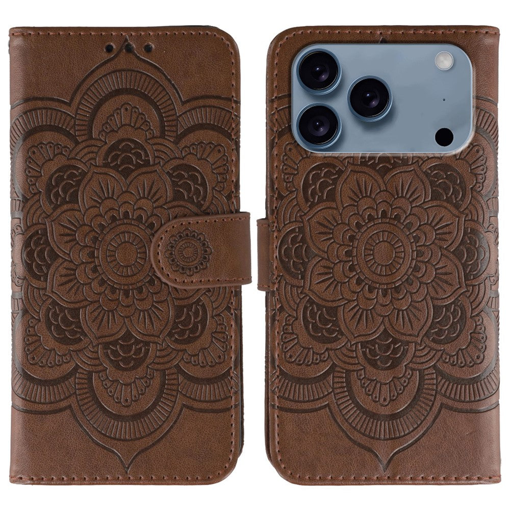 For iPhone 17 Pro Max Case PU Leather Mandala Imprinted Design Wallet Phone Cover with Wrist Strap - Brown