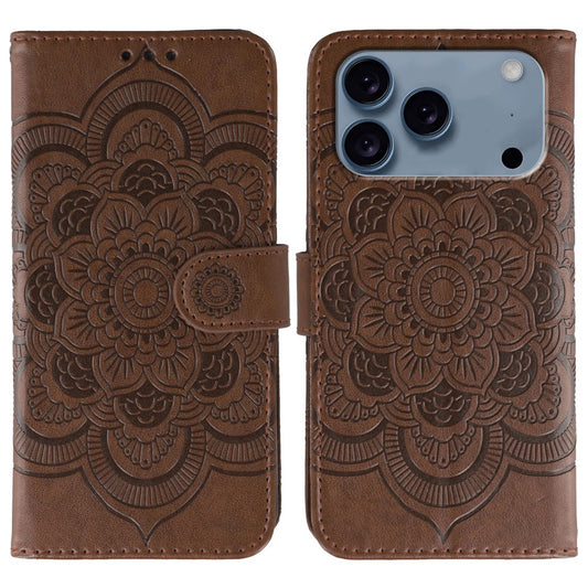 For iPhone 17 Pro Max Case PU Leather Mandala Imprinted Design Wallet Phone Cover with Wrist Strap - Brown