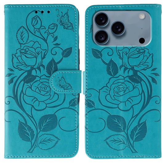 For iPhone 17 Pro Max Case Wallet Stand Imprinted Rose Butterfly PU Leather Phone Cover - Blue