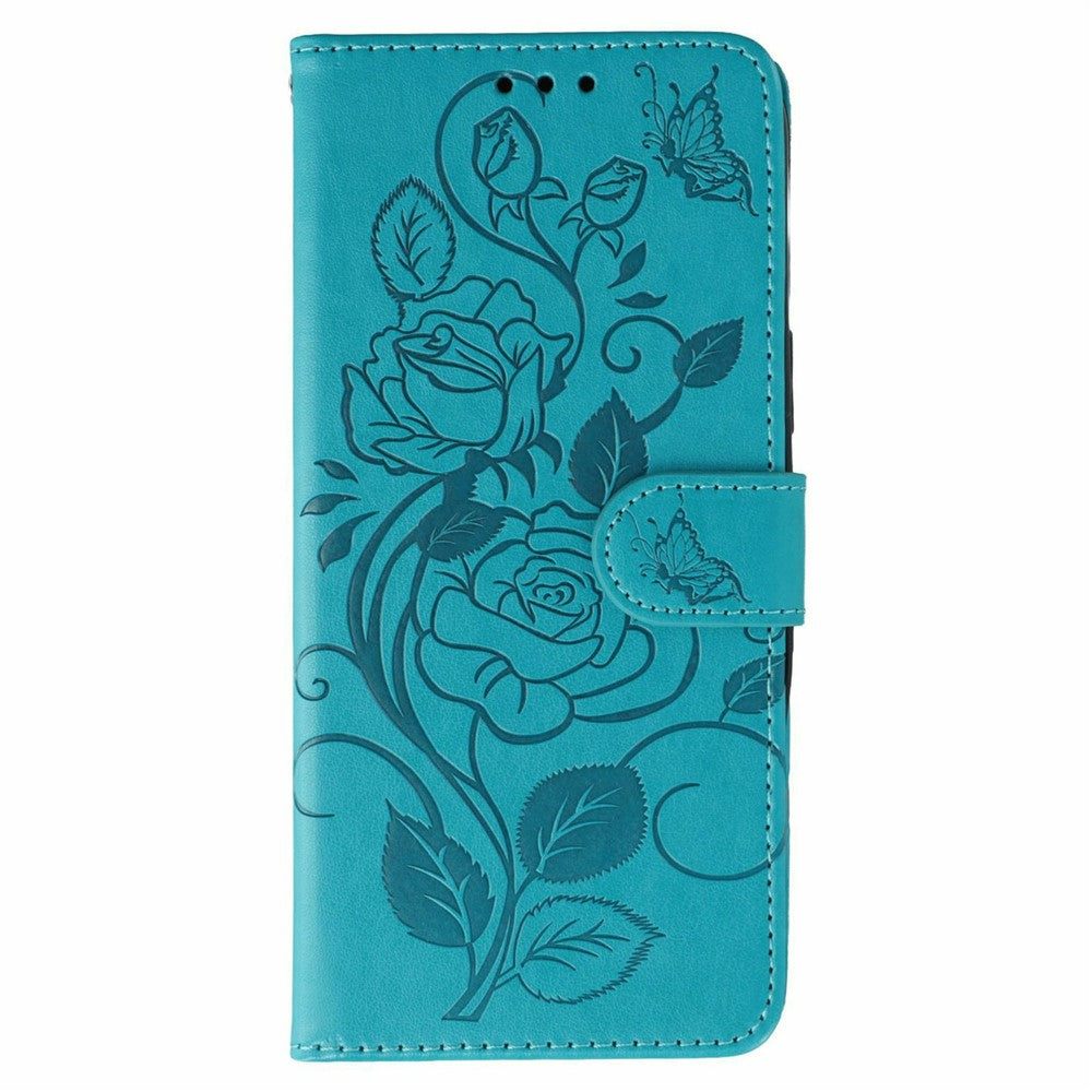For iPhone 17 Pro Max Case Wallet Stand Imprinted Rose Butterfly PU Leather Phone Cover - Blue