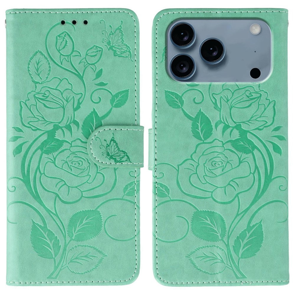 For iPhone 17 Pro Max Case Wallet Stand Imprinted Rose Butterfly PU Leather Phone Cover - Green
