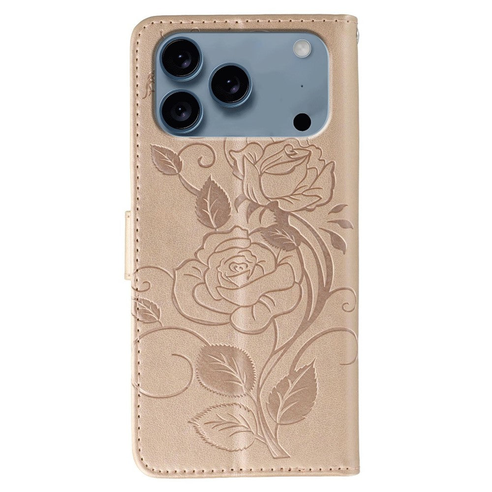 For iPhone 17 Pro Max Case Wallet Stand Imprinted Rose Butterfly PU Leather Phone Cover - Rose Gold