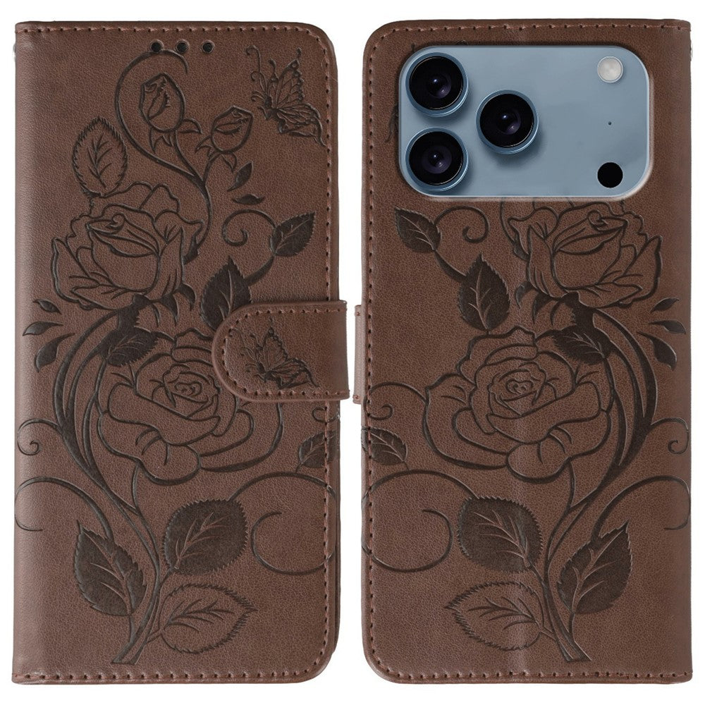 For iPhone 17 Pro Max Case Wallet Stand Imprinted Rose Butterfly PU Leather Phone Cover - Brown