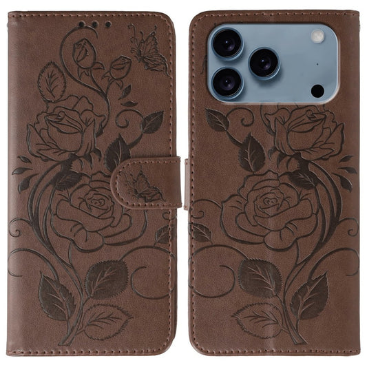 For iPhone 17 Pro Max Case Wallet Stand Imprinted Rose Butterfly PU Leather Phone Cover - Brown