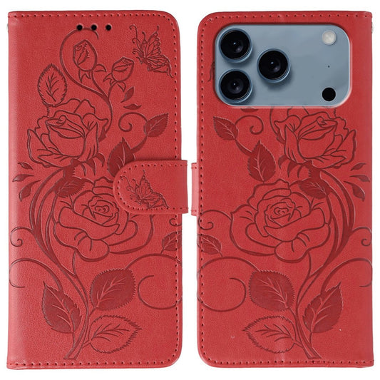 For iPhone 17 Pro Max Case Wallet Stand Imprinted Rose Butterfly PU Leather Phone Cover - Red