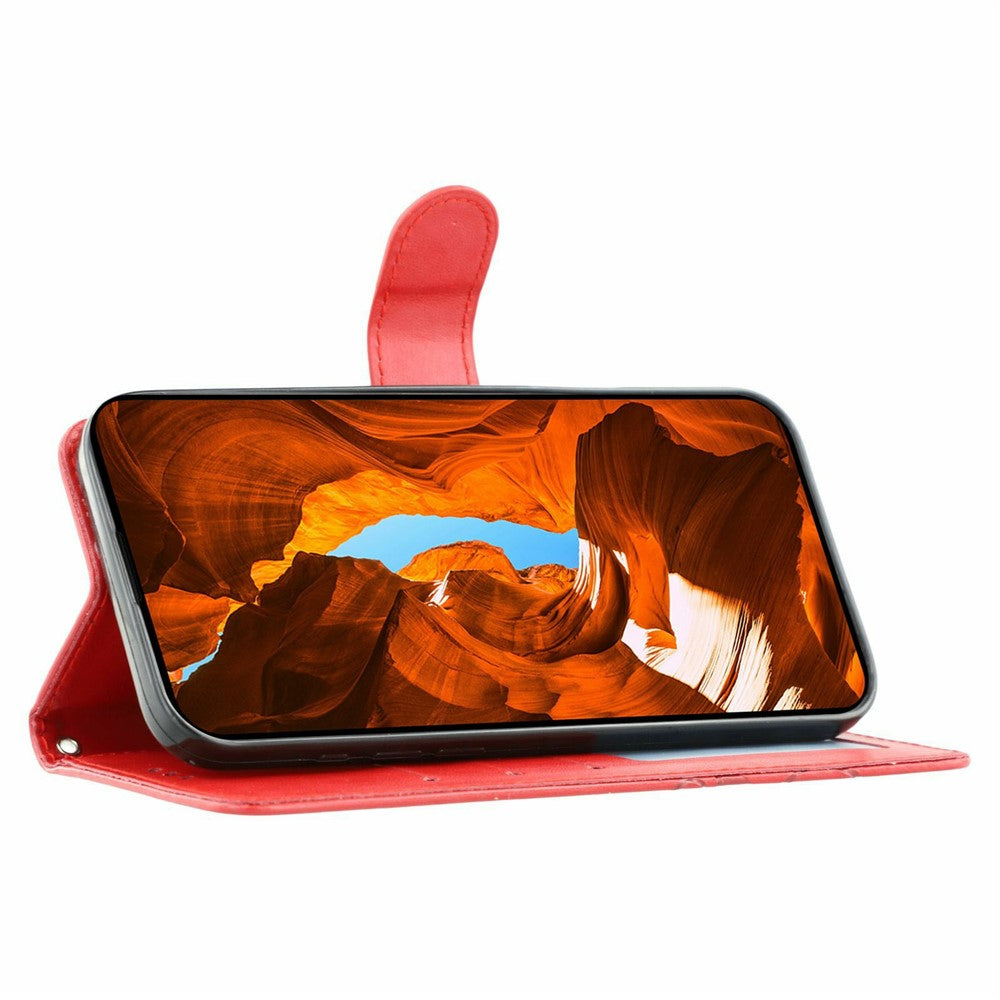 For iPhone 17 Pro Max Case Wallet Stand Imprinted Rose Butterfly PU Leather Phone Cover - Red