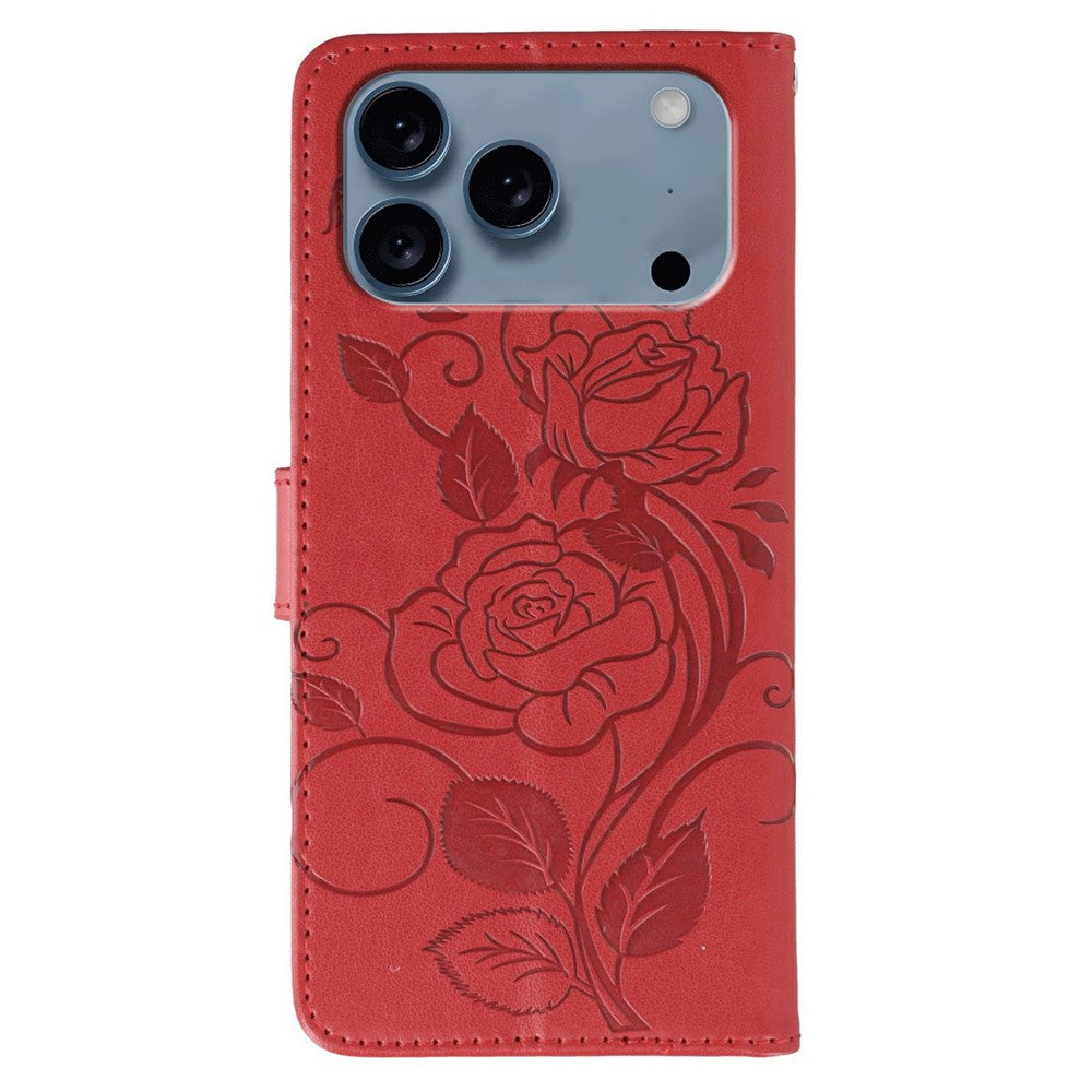 For iPhone 17 Pro Max Case Wallet Stand Imprinted Rose Butterfly PU Leather Phone Cover - Red
