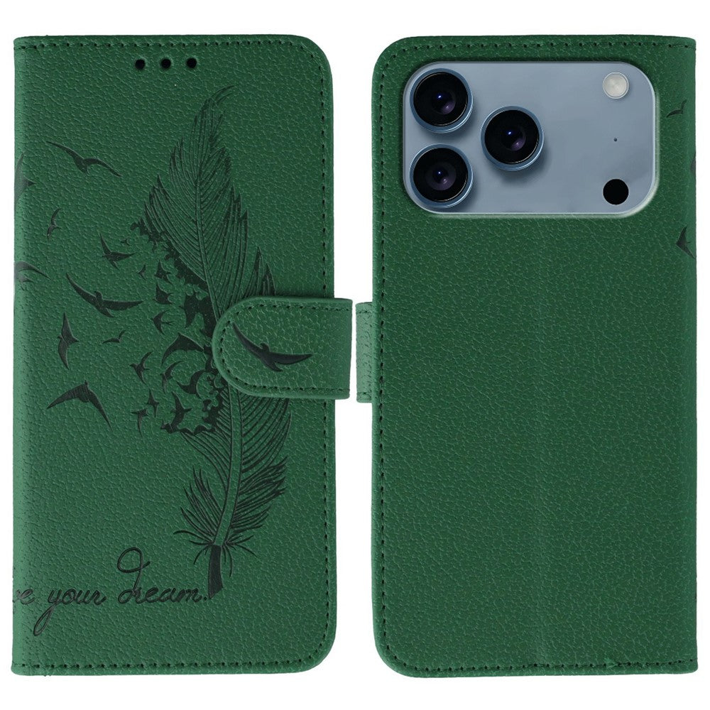 For iPhone 17 Pro Max Case Feather Imprint PU Leather Wallet Phone Cover - Green