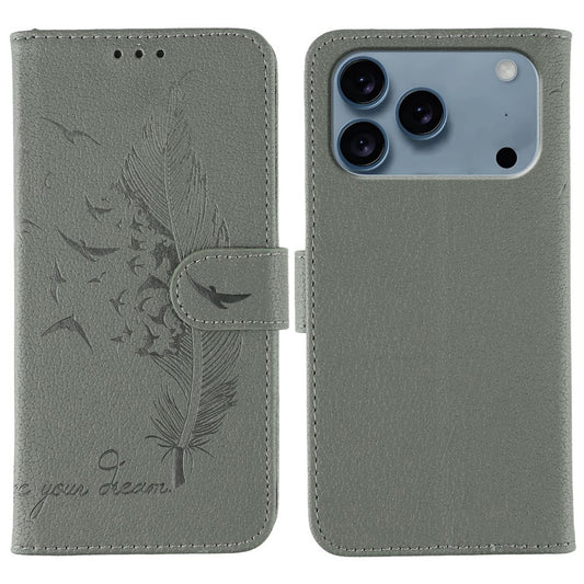 For iPhone 17 Pro Max Case Feather Imprint PU Leather Wallet Phone Cover - Grey