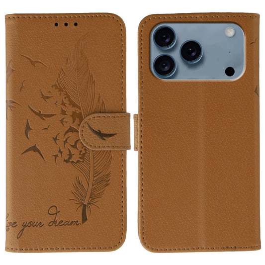 For iPhone 17 Pro Max Case Feather Imprint PU Leather Wallet Phone Cover - Brown