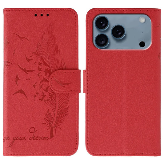 For iPhone 17 Pro Max Case Feather Imprint PU Leather Wallet Phone Cover - Red