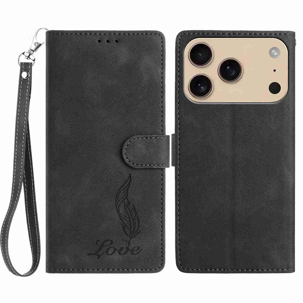 For iPhone 17 Pro Max Case Imprinted Feather PU Leather Wallet Phone Cover with Wrist Strap - Black