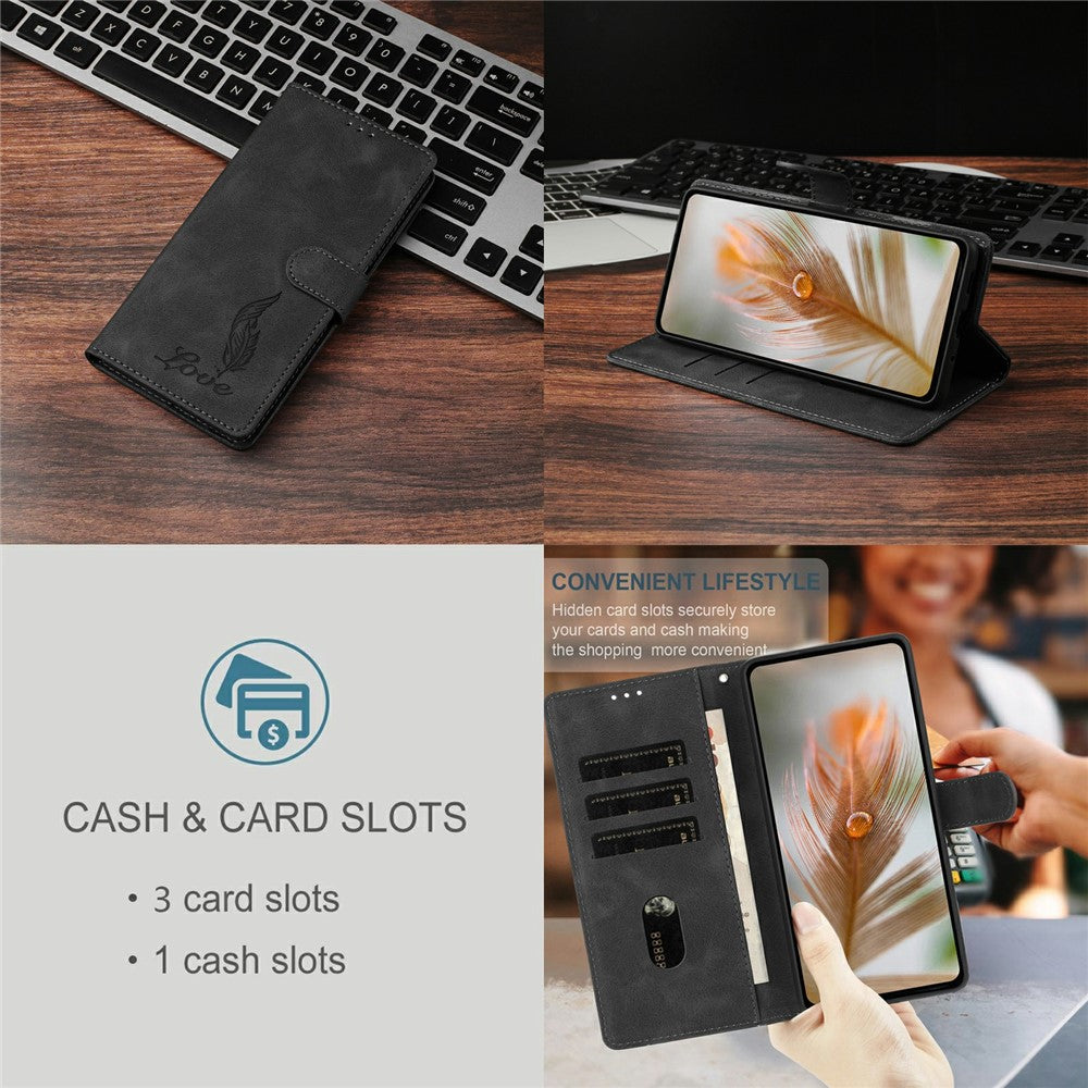 For iPhone 17 Pro Max Case Imprinted Feather PU Leather Wallet Phone Cover with Wrist Strap - Black