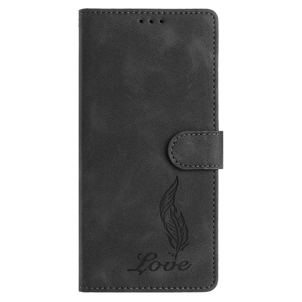 For iPhone 17 Pro Max Case Imprinted Feather PU Leather Wallet Phone Cover with Wrist Strap - Black