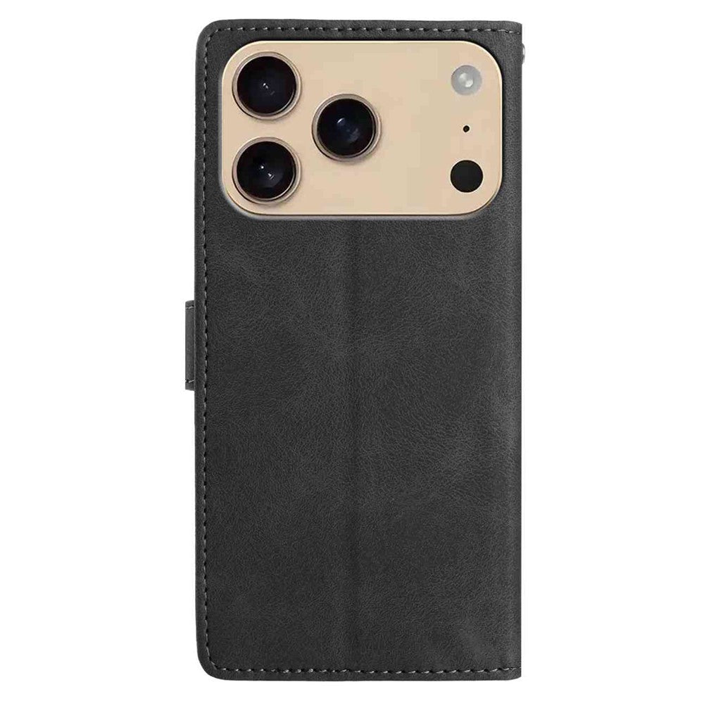 For iPhone 17 Pro Max Case Imprinted Feather PU Leather Wallet Phone Cover with Wrist Strap - Black