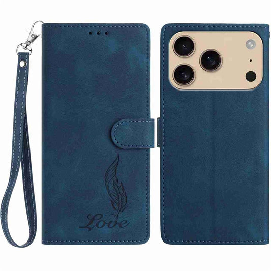 For iPhone 17 Pro Max Case Imprinted Feather PU Leather Wallet Phone Cover with Wrist Strap - Dark Blue