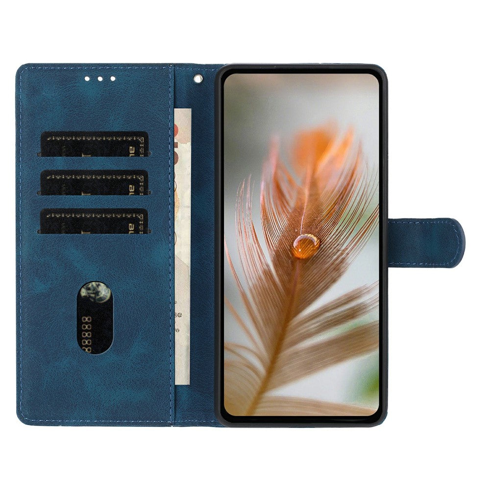 For iPhone 17 Pro Max Case Imprinted Feather PU Leather Wallet Phone Cover with Wrist Strap - Dark Blue