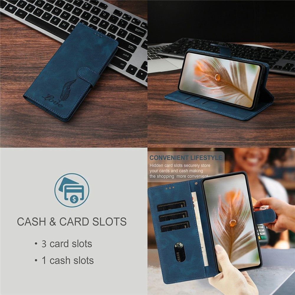 For iPhone 17 Pro Max Case Imprinted Feather PU Leather Wallet Phone Cover with Wrist Strap - Dark Blue