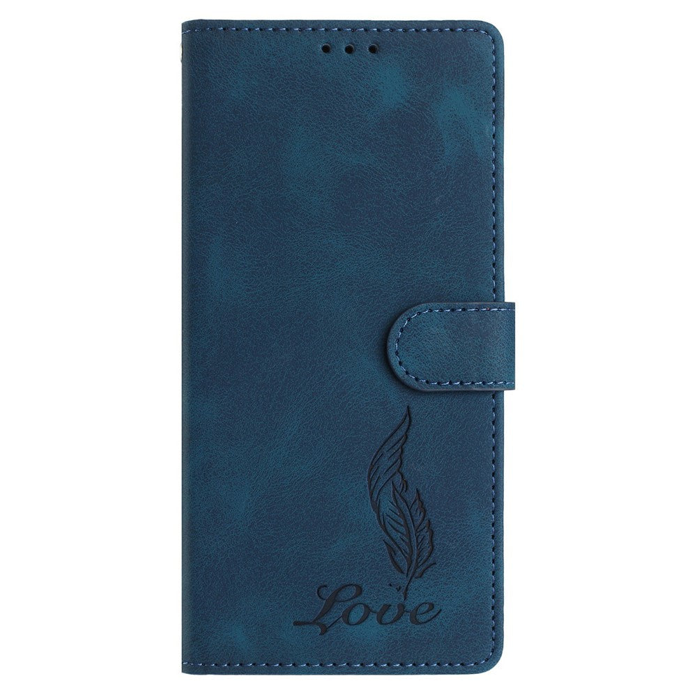 For iPhone 17 Pro Max Case Imprinted Feather PU Leather Wallet Phone Cover with Wrist Strap - Dark Blue